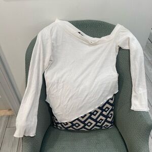 Fashion Nova White Ribbed Off-Shoulder Long Sleeve Top with Asymmetric Hem